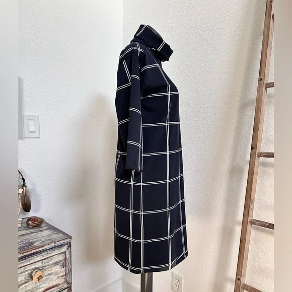 Ann Taylor LOFT Windowpane Funnel Neck Navy White Tunic Dress Sz: XS - Picture 6 of 11